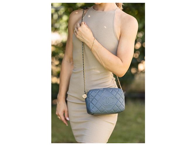 Chanel Camera Bag Blu Grigio Pelle di Agnello Gold hardware - vista 20