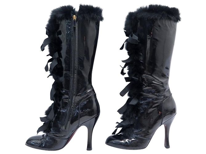 BOTAS LOUIS VUITTON DE CUERO CHAROL NEGRO & PELO DE CONEJO 39 HIGH BOOTS - vista 2
