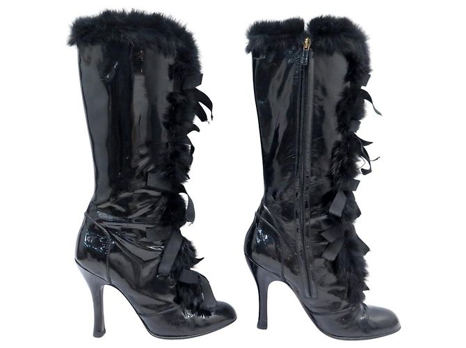 BOTAS LOUIS VUITTON DE CUERO CHAROL NEGRO & PELO DE CONEJO 39 HIGH BOOTS - vista 3