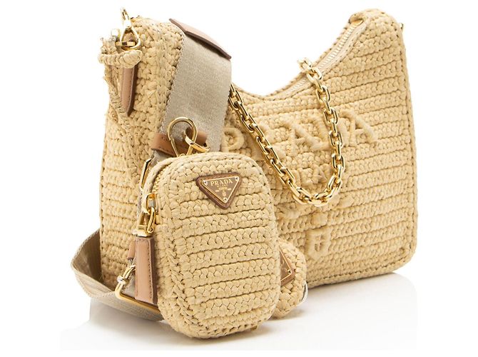Prada Crochet Raffia Re-Edition 2005 Crossbody Marrom Bege - vista 2