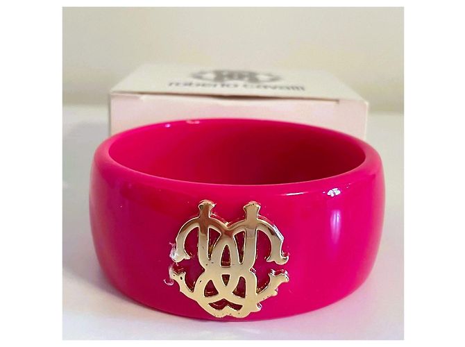 Bracciale Bangle Roberto Cavalli in resina fucsia con logo dorato D'oro Fuschia - vista 11