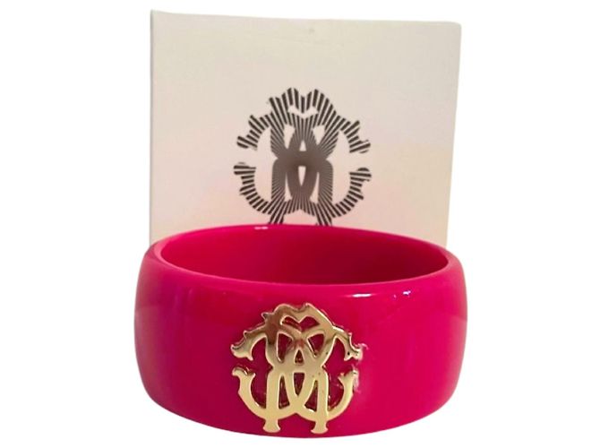 Bracciale Bangle Roberto Cavalli in resina fucsia con logo dorato D'oro Fuschia - vista 2