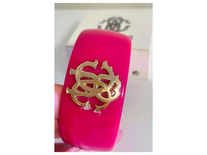 Bracciale Bangle Roberto Cavalli in resina fucsia con logo dorato D'oro Fuschia - vista 4