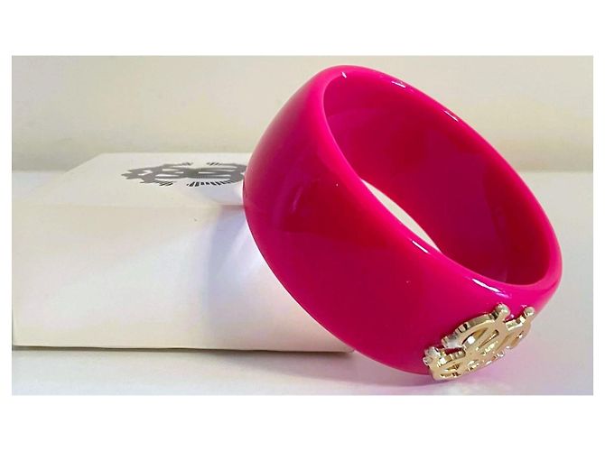 Bracciale Bangle Roberto Cavalli in resina fucsia con logo dorato D'oro Fuschia - vista 6