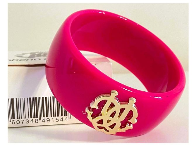 Bracciale Bangle Roberto Cavalli in resina fucsia con logo dorato D'oro Fuschia - vista 8
