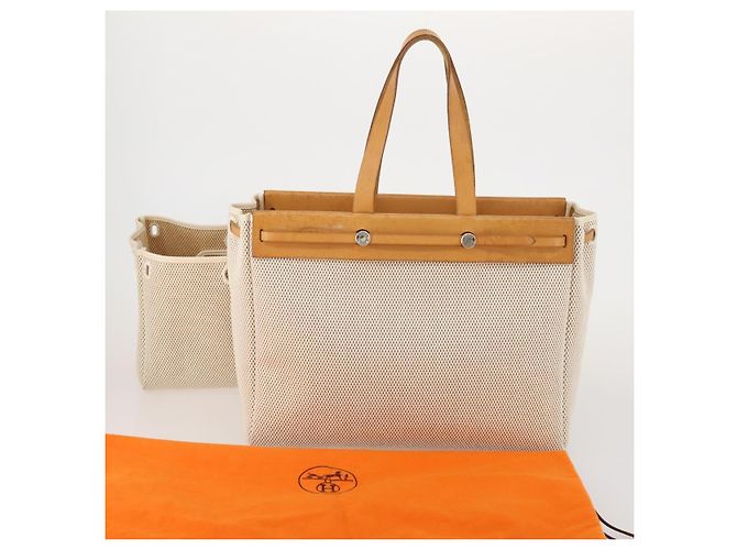 Hermès Bolso Tote HERMES Herbag Cabas GM Tower Ash Beige Silver Auth 199376A Plata - vista 12