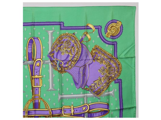 Hermès Pañuelo HERMES Carre 90 Seda Verde Auth 200005M - vista 4