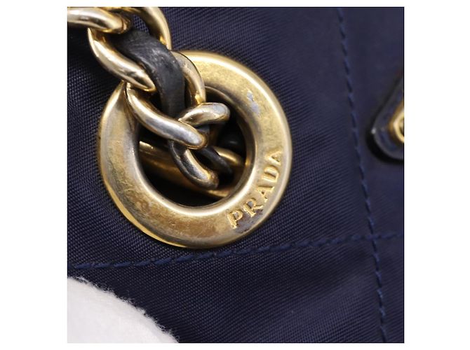 Bolsa de Ombro com Corrente PRADA Nylon Navy Gold Auth 203877 Dourado Azul marinho - vista 10
