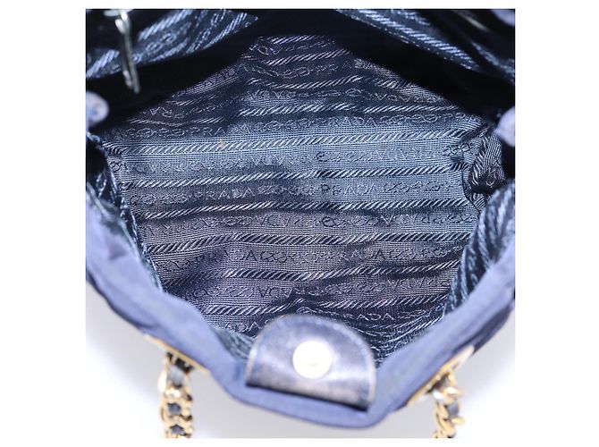 Bolsa de Ombro com Corrente PRADA Nylon Navy Gold Auth 203877 Dourado Azul marinho - vista 11