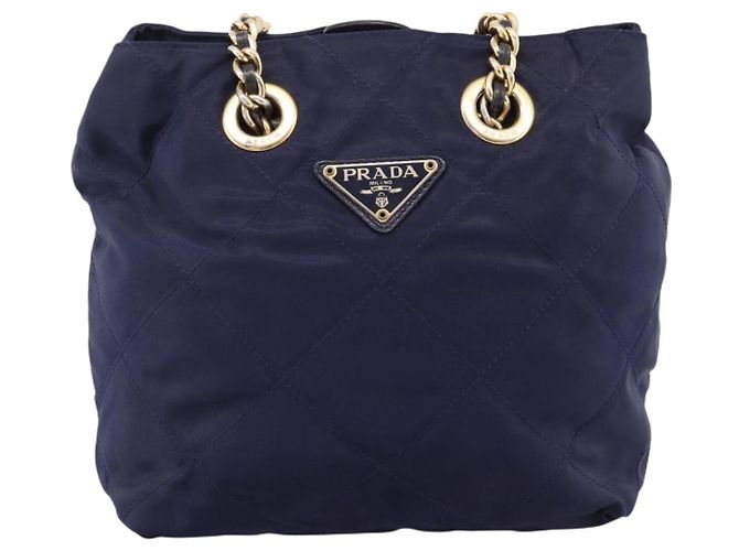 Bolsa de Ombro com Corrente PRADA Nylon Navy Gold Auth 203877 Dourado Azul marinho - vista 13