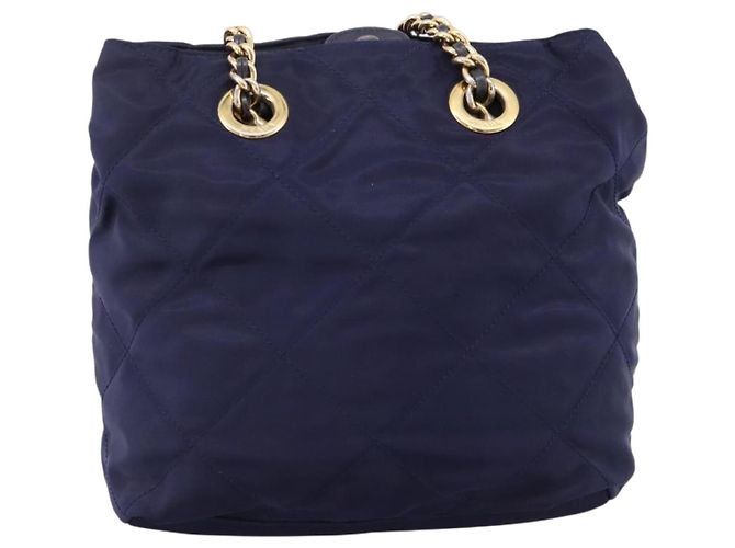 Bolsa de Ombro com Corrente PRADA Nylon Navy Gold Auth 203877 Dourado Azul marinho - vista 2