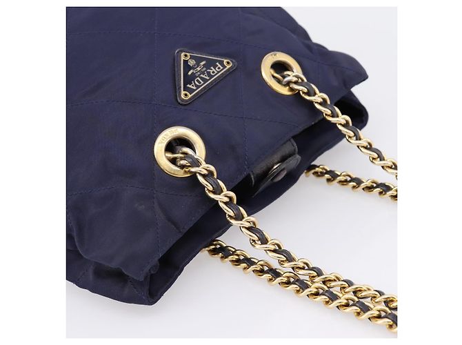 Bolsa de Ombro com Corrente PRADA Nylon Navy Gold Auth 203877 Dourado Azul marinho - vista 6