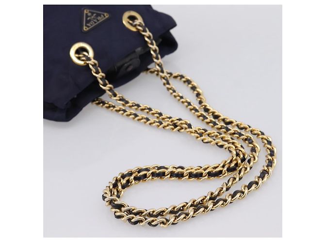 Bolsa de Ombro com Corrente PRADA Nylon Navy Gold Auth 203877 Dourado Azul marinho - vista 7
