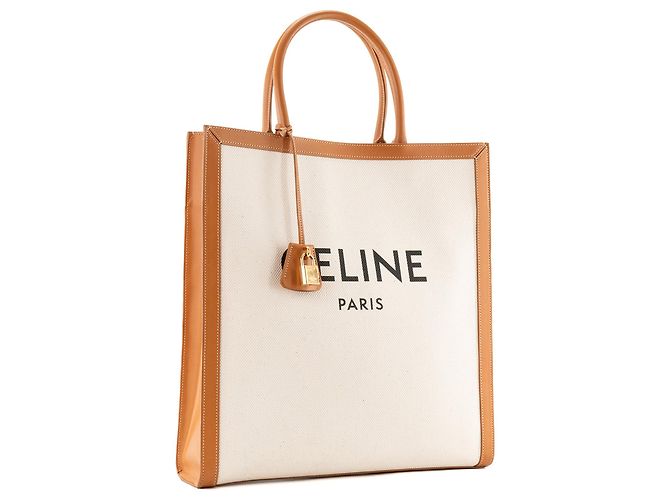 Céline CELINE - Borsa Cabas Large Vertical in tela beige e pelle marrone - vista 2
