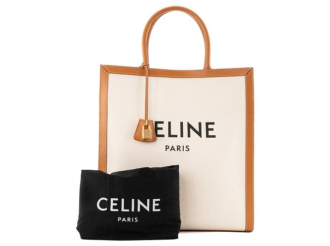 Céline CELINE - Borsa Cabas Large Vertical in tela beige e pelle marrone - vista 9