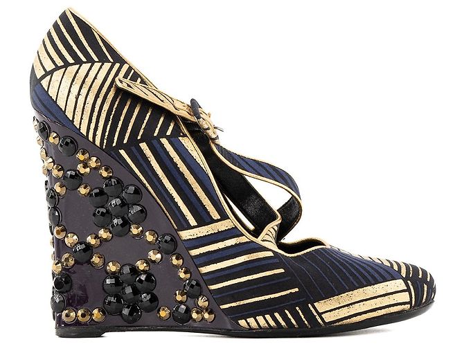 LOUIS VUITTON - Décolleté con zeppa Louis Vuitton in tela multicolore e strass (T39) - vista 2