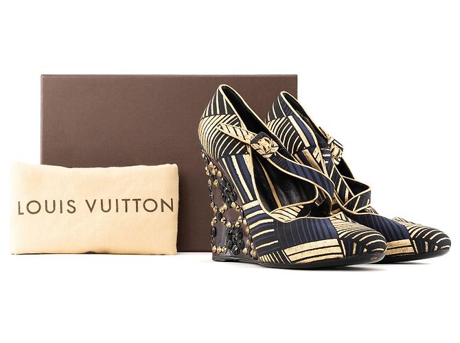 LOUIS VUITTON - Décolleté con zeppa Louis Vuitton in tela multicolore e strass (T39) - vista 5