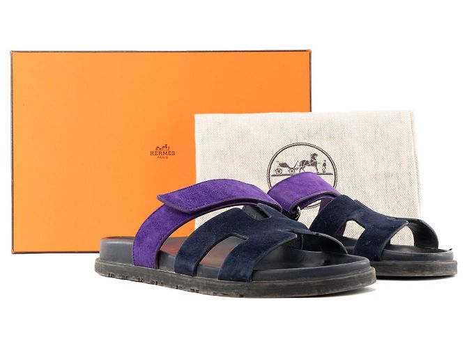 HERMÈS - Sandali Chypre Hermès in camoscio blu navy e viola (T37) - vista 7