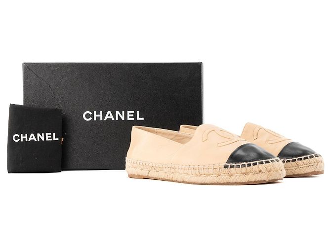 CHANEL - Espadrillas Chanel in pelle e rafia beige e nero (T38) - vista 6