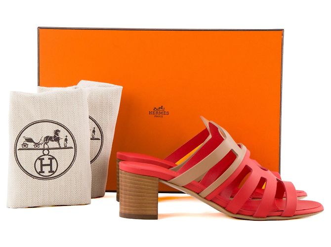 HERMÈS - Mule con tacco Celena Hermès in pelle rosa e marrone (T36,5) - vista 7
