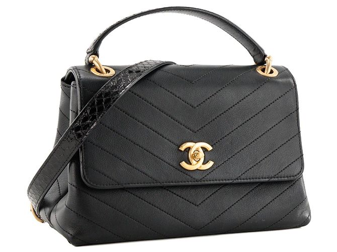 CHANEL - Borsa a tracolla Top Handle Medium Chanel in pelle chevron e pelle esotica pitone nera Nero - vista 2