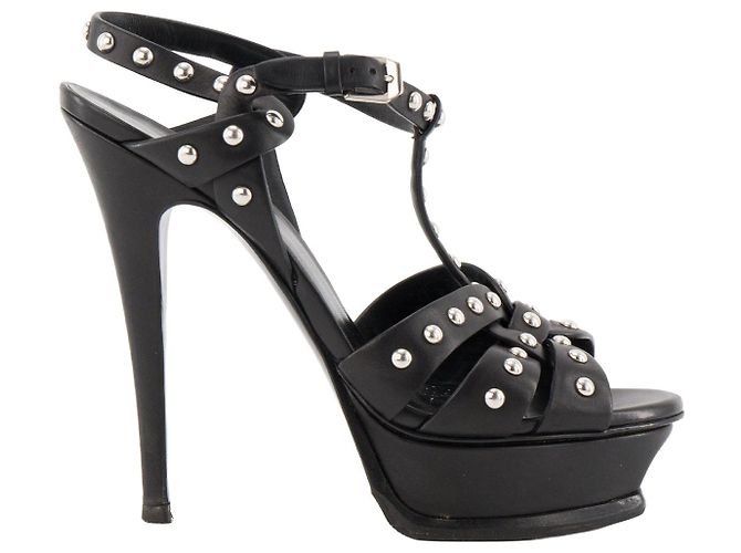 Autre Marque SAINT LAURENT - Sandali con tacco Tribute Saint Laurent in pelle nera e borchie argentate (T38) Nero - vista 2