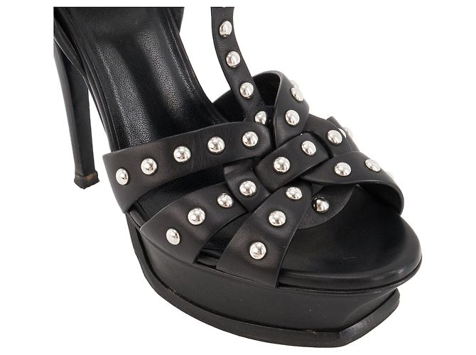 Autre Marque SAINT LAURENT - Sandali con tacco Tribute Saint Laurent in pelle nera e borchie argentate (T38) Nero - vista 3