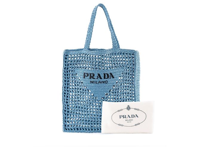 PRADA - Borsa tote in crochet Prada in rafia blu - vista 6