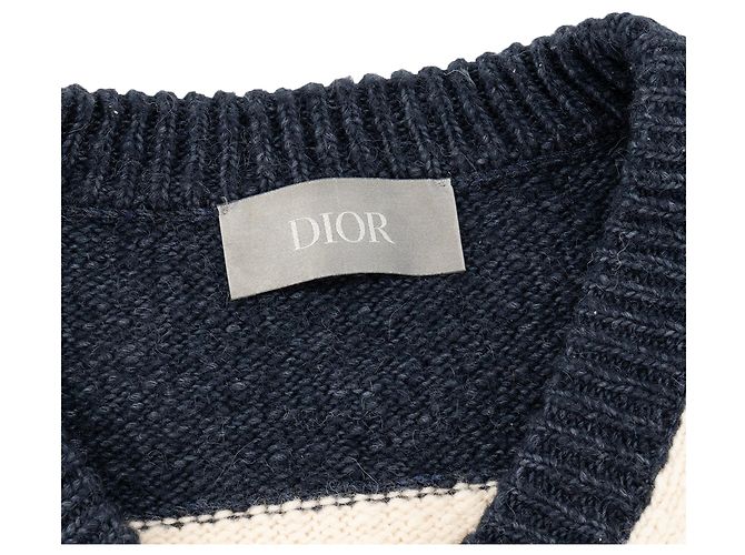 DIOR - Maglione senza maniche Diortears Dior in lana e cotone beige e blu navy (S) - vista 3
