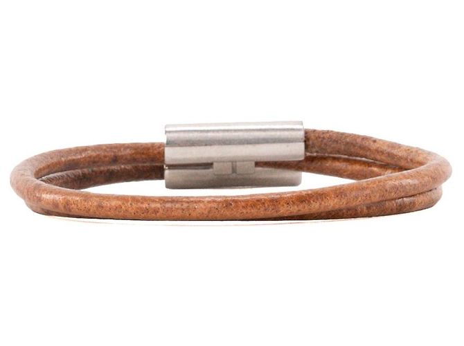 HERMÈS - Bracciale Tournis Hermès in pelle intrecciata marrone e argento (S) - vista 2