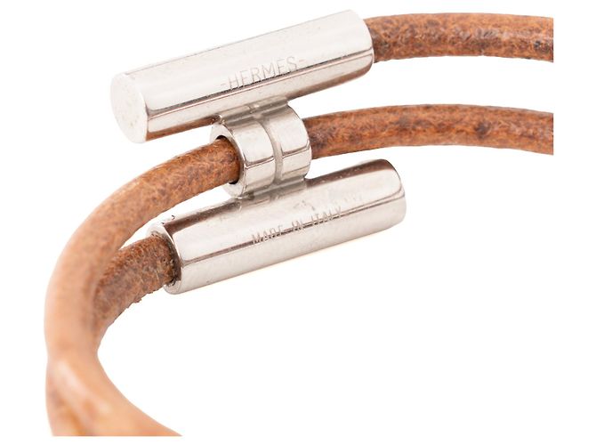 HERMÈS - Bracciale Tournis Hermès in pelle intrecciata marrone e argento (S) - vista 3