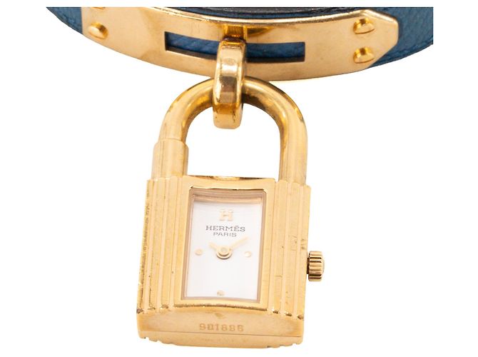HERMÈS - Relógio Kelly Hermès em banho de ouro e couro grão azul - vista 3