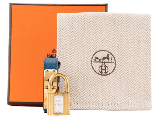 HERMÈS - Relógio Kelly Hermès em banho de ouro e couro grão azul - vista 8