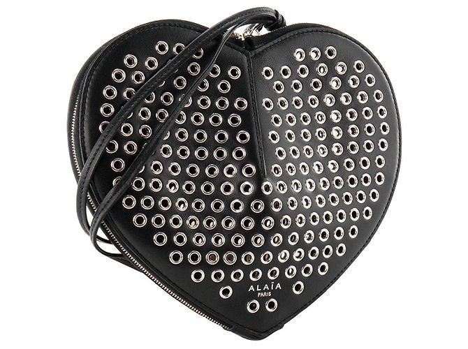 ALAÏA - Borsa a tracolla Le Coeur Alaïa in pelle liscia nera e occhielli argentati Nero - vista 2