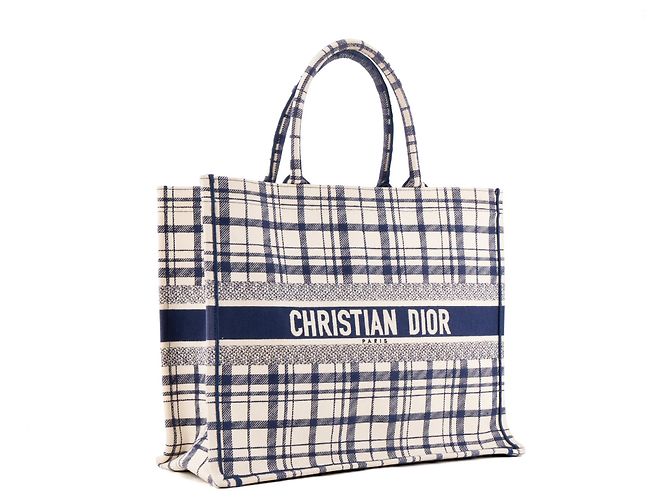 Autre Marque DIOR - Borsa Book Tote grande Dior in tela tartan blu navy e bianca - vista 2