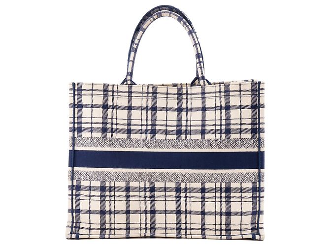 Autre Marque DIOR - Borsa Book Tote grande Dior in tela tartan blu navy e bianca - vista 3