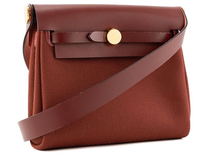 HERMÈS - Borsa a tracolla Herbag Mini Hermès in pelle liscia e tela rossa H Bordò - vista 2