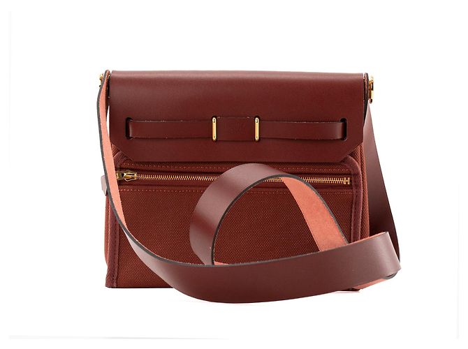 HERMÈS - Borsa a tracolla Herbag Mini Hermès in pelle liscia e tela rossa H Bordò - vista 3
