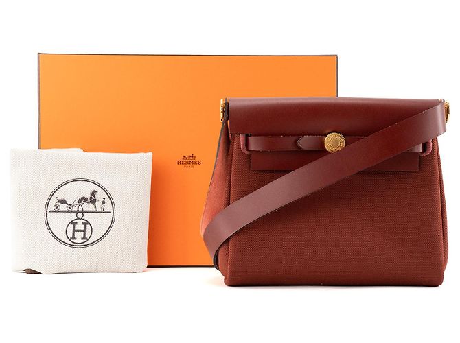 HERMÈS - Borsa a tracolla Herbag Mini Hermès in pelle liscia e tela rossa H Bordò - vista 7