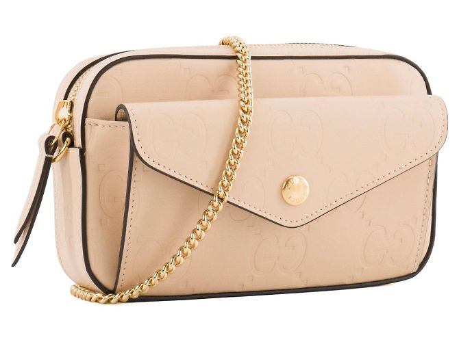 GUCCI - Borsa a tracolla Gilbert Gucci in pelle goffrata beige - vista 2