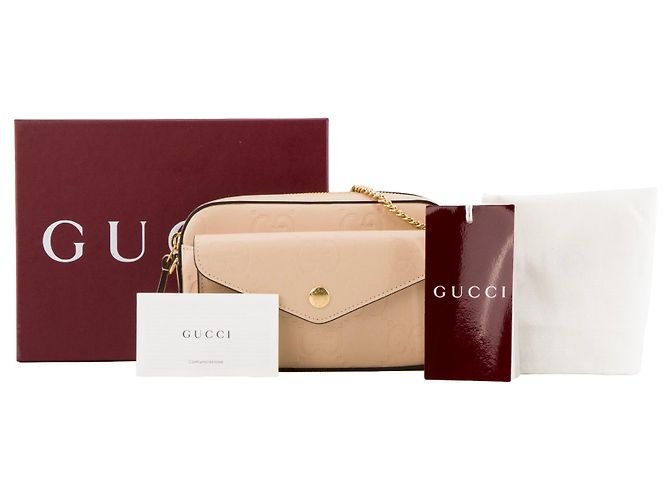 GUCCI - Borsa a tracolla Gilbert Gucci in pelle goffrata beige - vista 8