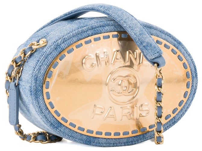 CHANEL - Borsa a tracolla Oval CC Chanel in denim blu e metallo dorato - vista 2