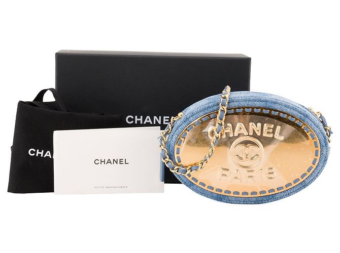 CHANEL - Borsa a tracolla Oval CC Chanel in denim blu e metallo dorato - vista 9