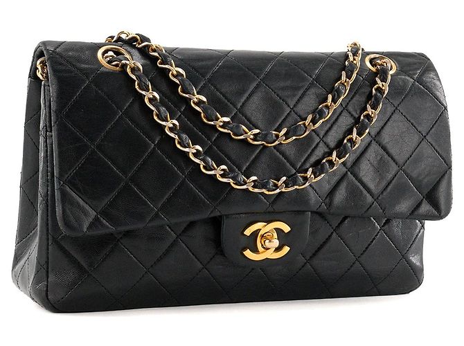 CHANEL - Vintage schwarze glatte Leder Classic/Timeless Chanel Schultertasche - Ansicht 2