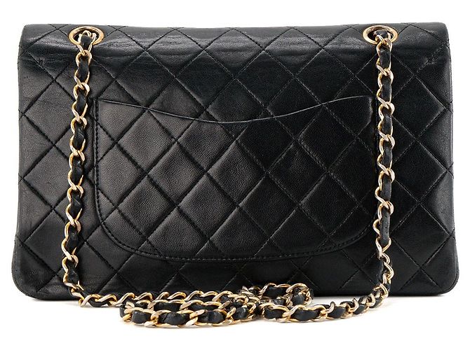 CHANEL - Vintage schwarze glatte Leder Classic/Timeless Chanel Schultertasche - Ansicht 3