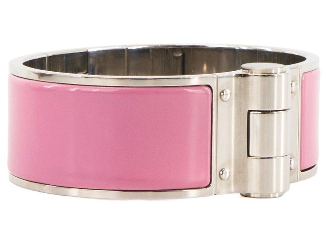 HERMÈS - Bracelete Charnière Large GM Hermès em metal prateado e esmalte rosa flamingo - vista 2
