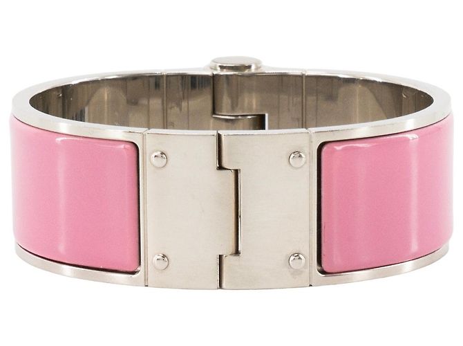 HERMÈS - Bracelete Charnière Large GM Hermès em metal prateado e esmalte rosa flamingo - vista 3