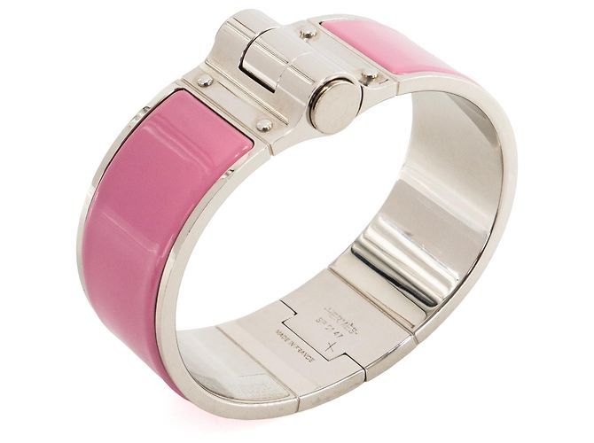 HERMÈS - Bracelete Charnière Large GM Hermès em metal prateado e esmalte rosa flamingo - vista 4