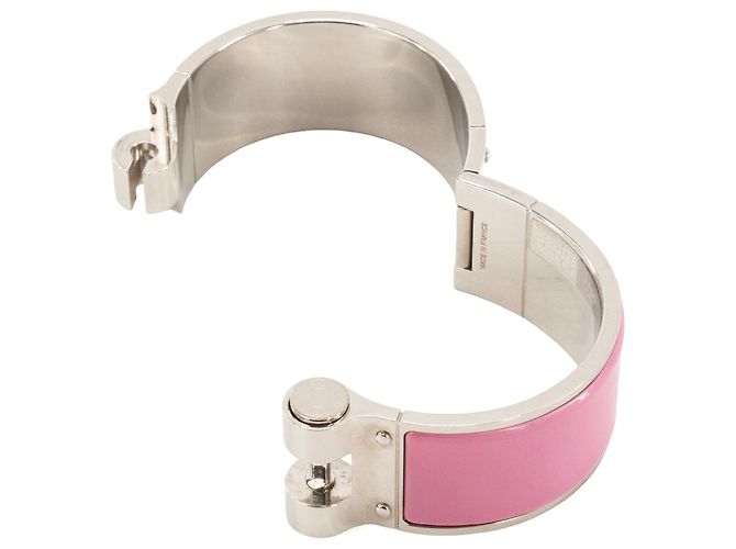 HERMÈS - Bracelete Charnière Large GM Hermès em metal prateado e esmalte rosa flamingo - vista 5