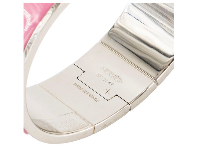 HERMÈS - Bracelete Charnière Large GM Hermès em metal prateado e esmalte rosa flamingo - vista 6
